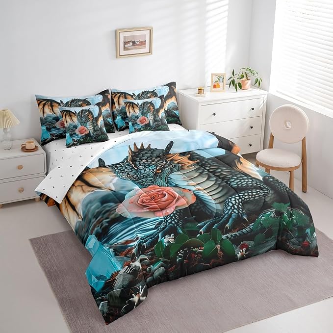 Erosebridal Magical Animal King Bedding Set - Flower Dragon Bed in A Bag,3D Wildlife Comforter Sets with Sheets, Cute Wild Animal 7 Pieces Bed Set Bedroom Decor - Image 3