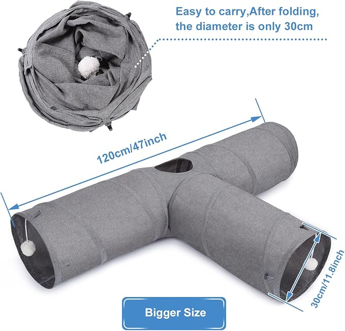 Ownpets Cat Tunnel, Extra Large 3 Way Collapsible Kitty Tunnel Cat Tube with Plush Ball & Feather Toy, Cat Play Tunnel for Large Cat, Kitten, Puppy, Rabbit(12 inches in Diameter) - Image 6
