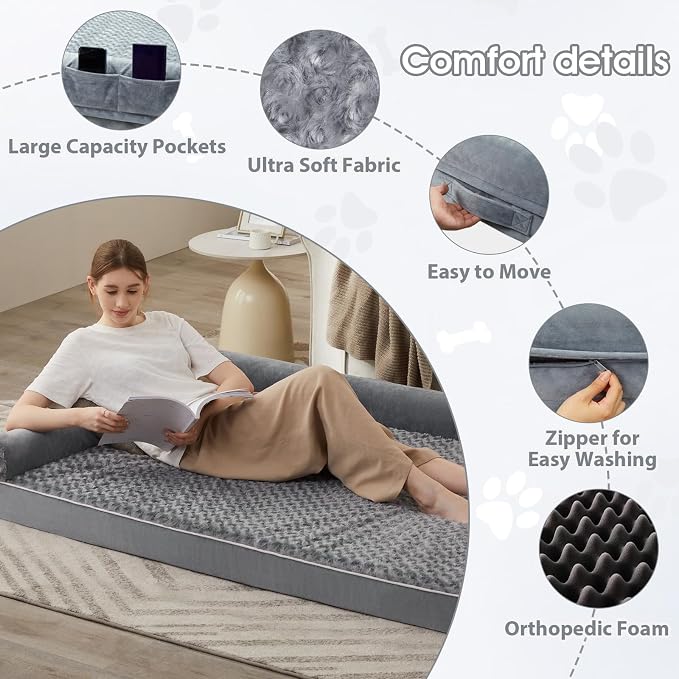 BFPETHOME Orthopedic Washable Human Dog Bed for Adult & Dog Cozy Sleep | Human Size Waterproof Big Soft Pet Couch Bed for Adult & Dogs Relax with Removable Cover Supportive Foam Grey 61x43 Inch - Image 2