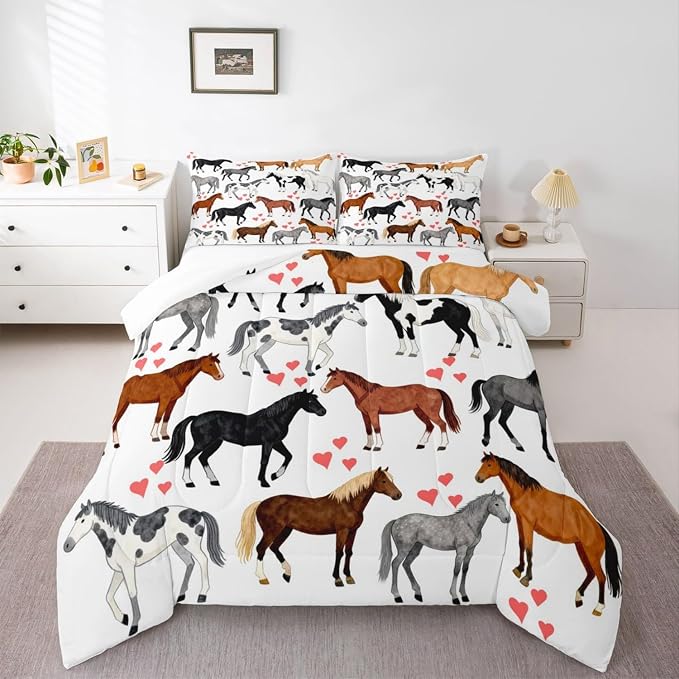 Erosebridal Kawaii Comforter Horse Comforter Set Queen Farm Bedding Set Kids Boys Girls Cute Animal Duvet Set Cartoon Horses with Pink Lover Heart Room Decor Duvet Set Cowboy Cowgirls Comforter Set by Erosebridal