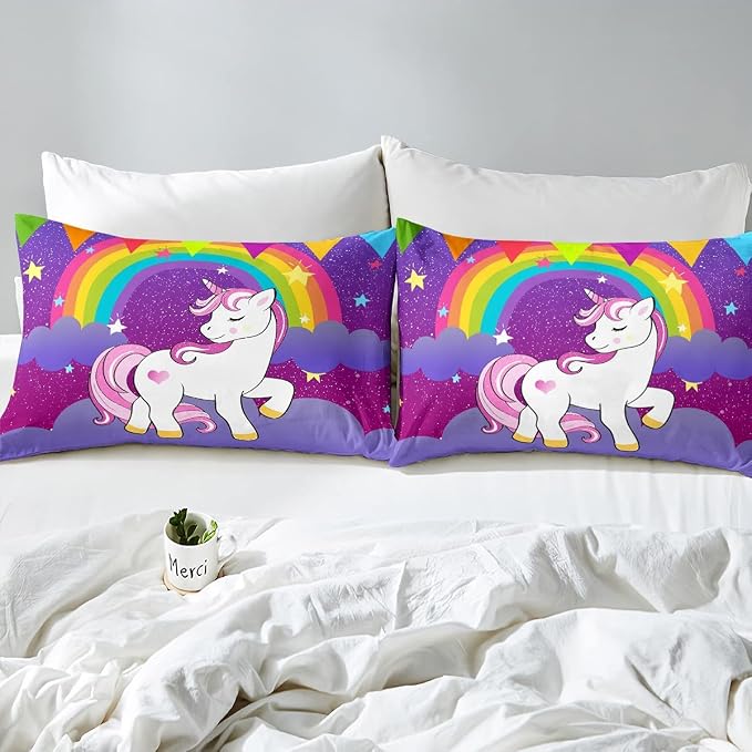 Erosebridal Girls Unicorn Comforter Set Twin Girls Bedding Set Cute Rainbow Unicorn Print Down Comforter Kids Cartoon Kawaii Duvet Insert Galaxy Stars Fantasy Room Decor Children Reversible Purple - Image 5