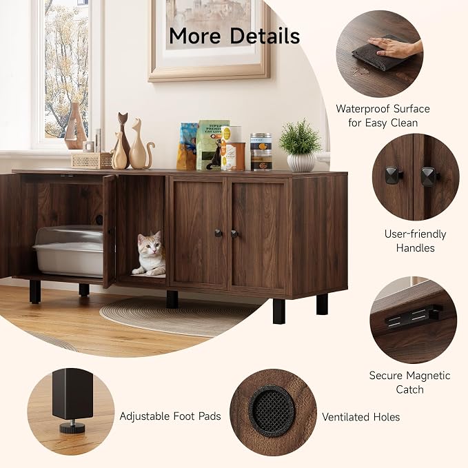 ONBRILL 63 Inches Cat Litter Box Enclosure for 2 Cats, Hidden Litter Boxes Furniture with Cat Scratch Pad, Large Indoor Pet House with Double Room, Wooden TV Stand Side Table, Walnut - Image 8