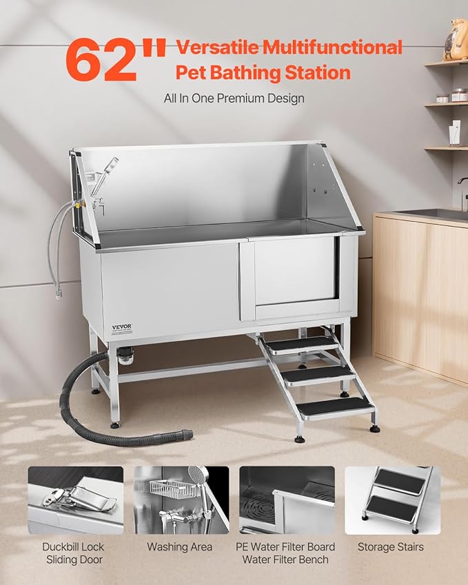 VEVOR Stainless Steel Dog Washing Station, 62 inch Pet Grooming Tub w/Stairs, PE Water Filter Board, Faucet & Showerhead & Soap Holder Dog Bathtub for Large & Medium & Small Pets (Right Door) - Image 2