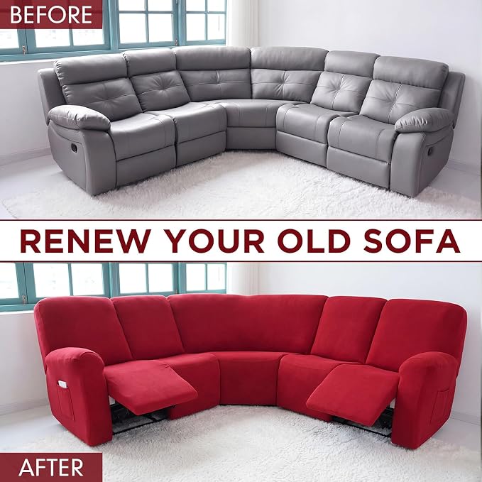 Peryiter 7 Pcs L Shape Sectional Recliner Sofa Covers 5 Seat Sectional Couch Covers Milk Silk Velvet Stretch Reclining Sofa Slipcover Furniture Protector for Living Room (Christmas Red,Milk Silk) - Image 4