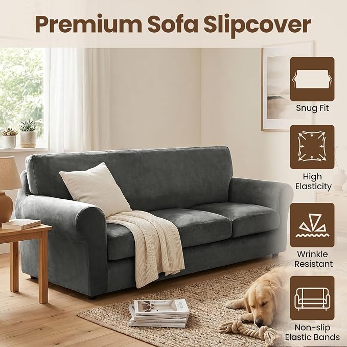 XINEAGE 4-Piece Velvet Oversize Sofa Cover, Couch Covers for Dog,Gray | 3 Cushion Large Sofa,Stretch Non-slip Elastic, Pet-friendly, Washable, Fast Setup, Soft Plush Fabric, Furniture Protector. - Image 2