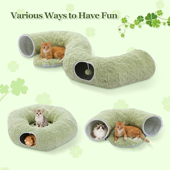 PEQULTI Cat Tunnel with Bed for Indoor Cats, Cat Play Donut Tunnel with Washable Soft Plush Mat, Round Tube Toys Cute Tube for Kittens, Puppies, Rabbits and Ferrets, Green - Image 4