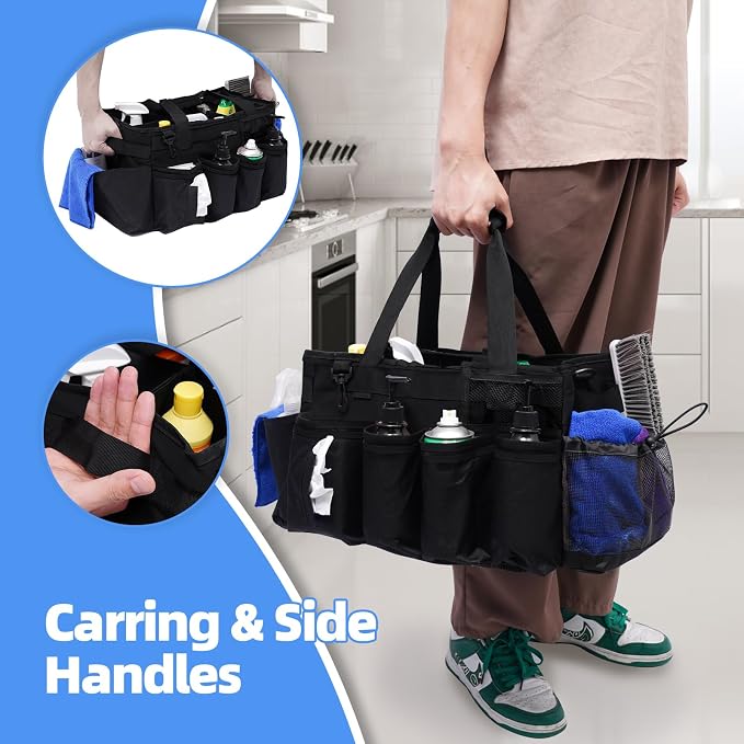 Large Cleaning Supplies Bags for Housekeepers, Professional Wearable Cleaning Supply Caddy for House Cleaners Detail Car Cleaning Supplies Organizer Tote with Handle, Black - Image 4