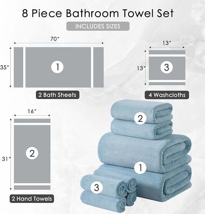 8 Piece Bath Towel Set |2 Oversized Large Bath Sheet,2 Hand Towels,4 Washcloths| Ultra Soft Bath Towel Set for Bathroom Hotel Gym Spa,Highly Absorbent Quick Dry Bathroom Towel Collections,Turquoise - Image 5