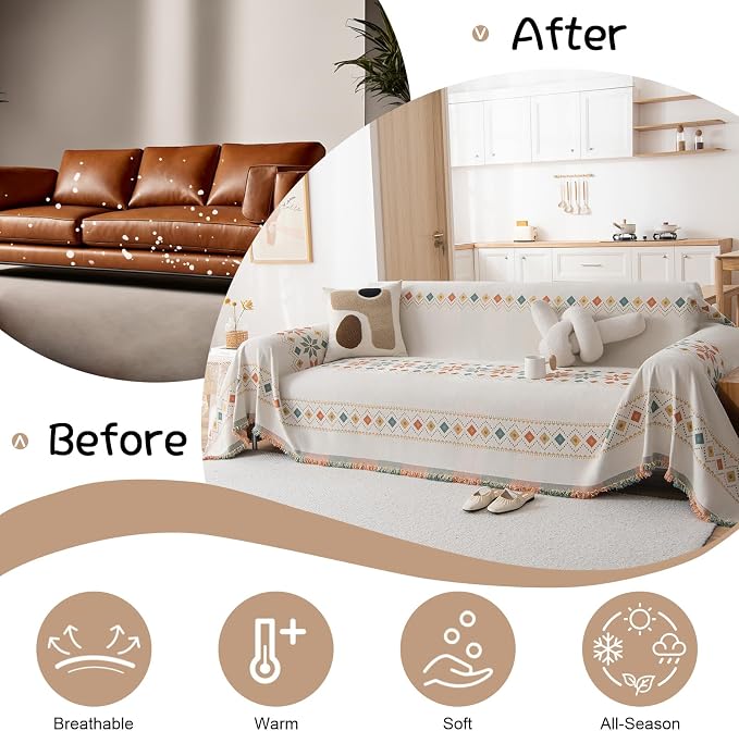 VClife Boho White Jacquard Couch Cover Soft Couch Cover for 3 Seater Cushion Couch Sofa Bedroom Living Room Furniture Protector Sofa Cover for Couch Bed - Gift for Christmas Thanksgiving 71x134 Inch - Image 4