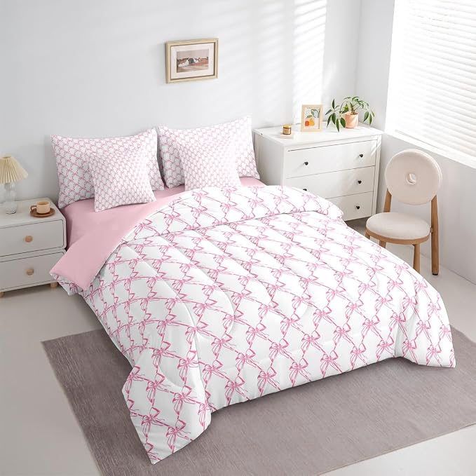Erosebridal Girls Bowknot 7 Piece Comforter Set Full Size | Cute Pink Bow Coquette Bedding Set Girly Bow Tie Comforter Dreamy Princess Style Sheets Butterfly Knot Aesthetic Quilt Room Decor - Image 3