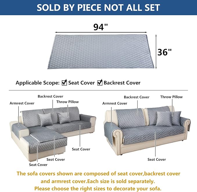 Eismodra Couch Cover,Sectional Couch Covers,Sofa Covers for 3 Cushion Couch,Anti-Slip Sofa Slipcovers for Dogs Cats Kids Loveseat Recliner L Shaped Armrest Backrest,Light Gray 36''x94''(Only 1 Piece) - Image 5