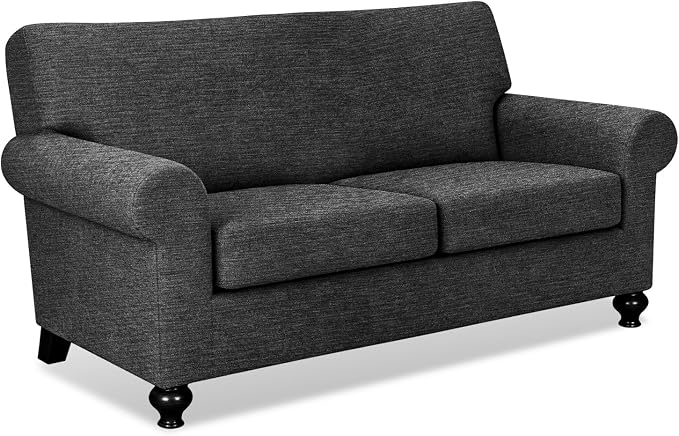 URBANLIFE 3-Piece Stretch Sofa Covers for 2 Cushion Couch, Charcoal Gray | Super fitted spandex slipcovers for couches. Non-slip elastic bottom. Machine washable furniture protector for kids & pets. by URBANLIFE