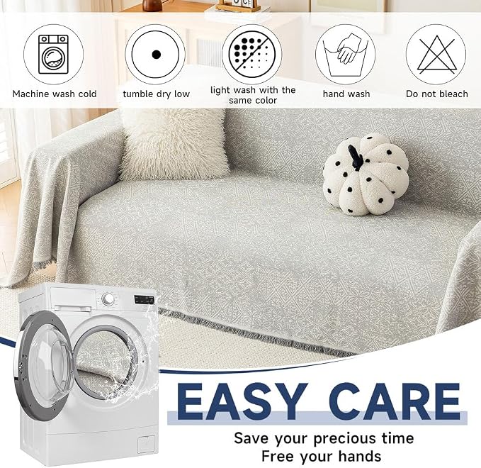 ROOMLIFE Gray Couch Cover Boho Sofa Covers for 3 Cushion Couch Washable, Furniture Protector Sofa Couch Cover for Dogs, Soft Breathable Sofa Slipcover, Couch Throw Blankets with Tassels 71''X150'' - Image 5