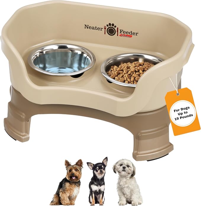 Neater Feeder Deluxe Mess-Proof Elevated Dog Bowls for Small Dogs (Up to 19 lbs), 2 Height Adjustable (6” & 7.5”) No-Spill Raised Dog Bowl Stand, Stainless Steel Food Bowl Set, Made in USA, Cappuccino by NeaterPetBrands