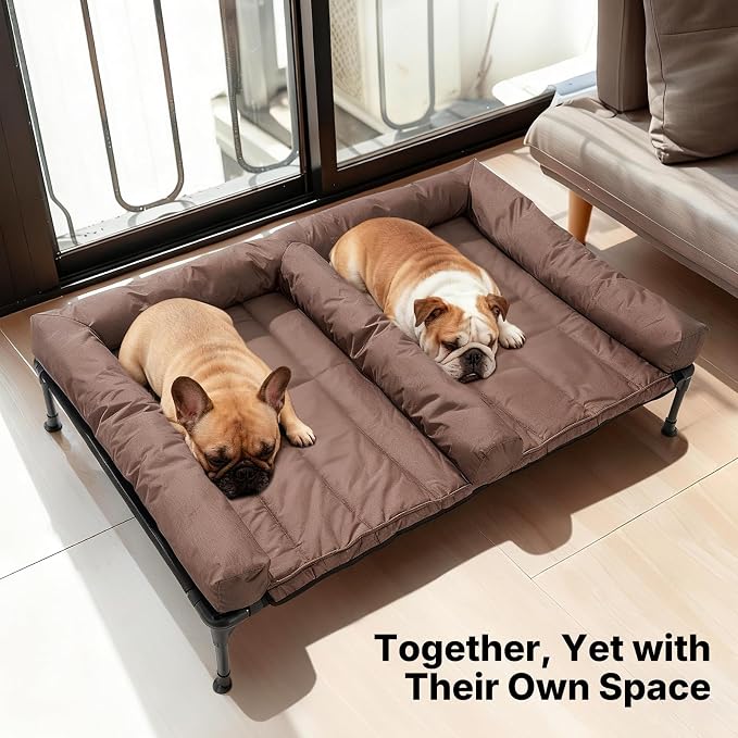 Veehoo Elevated Dog Bed for Two Dogs, Cooling Raised Dog Bed with Removable Waterproof Bolster Mat, 49" x 33" Double Dog Bed, Outdoor & Indoor Pet Cot with Breathable Mesh, Non-Slip Feet, Brown - Image 2