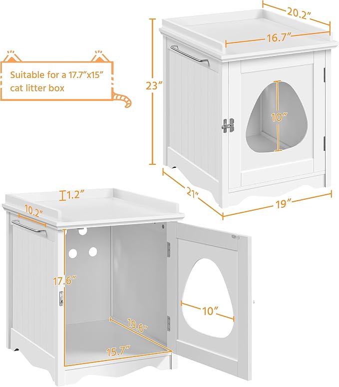 Yaheetech Cat Litter Box Enclosure, Hidden Litter Box Furniture with Side Towel Bar, Wooden Cat Washroom, Storage Cabinet, Indoor Pet House, Side Table Nightstand, White - Image 6