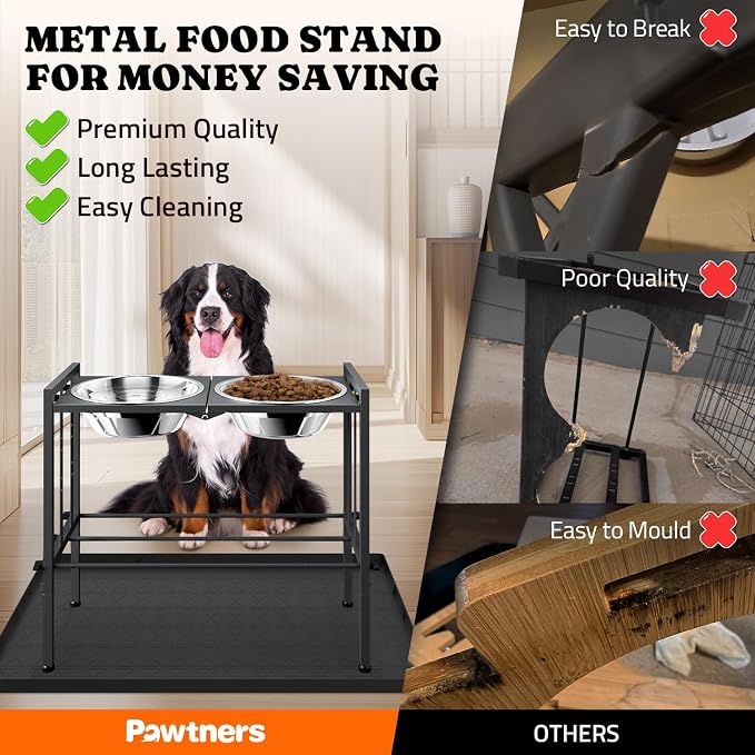 Elevated Dog Bowl for Large Breed, Height Adjustable Feeder with Mat, Black | Adjustable Height at 15°Tilted Angle, Lightweight, Nonslip, All-Iron Structure, Stainless Steel bowls, Easy Assembly Cleaning - Image 3