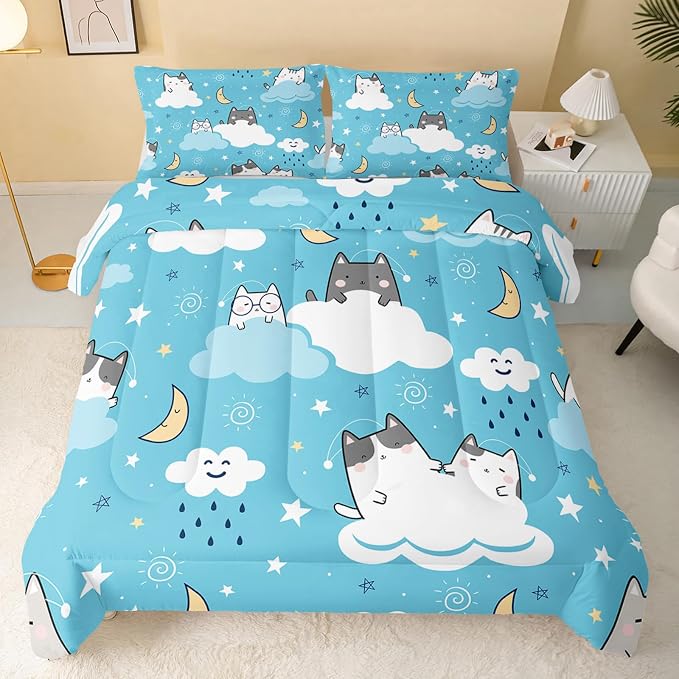 QOOMO Cat Comforter Twin Size, Blue Cloud Cats Comforter Set for Kids Teens Girls Boys, 3Pcs Bedding Set Printed Comforter with 2 Pillowcases, Down Alternative, Soft and Lightweight - Image 2