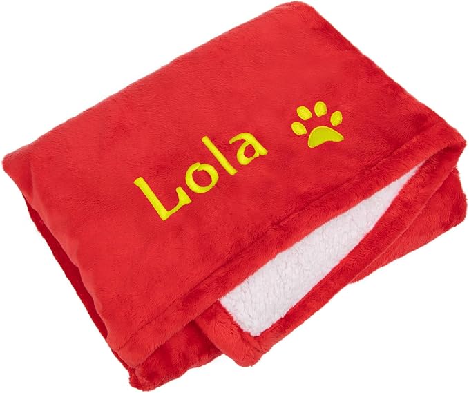 GoTags Personalized Premium Fluffy Dog Blanket, Super Soft Sherpa Fleece Blanket for Pets with Custom Embroidered Name and Paw, Large (40x30 inch), Red by GoTags