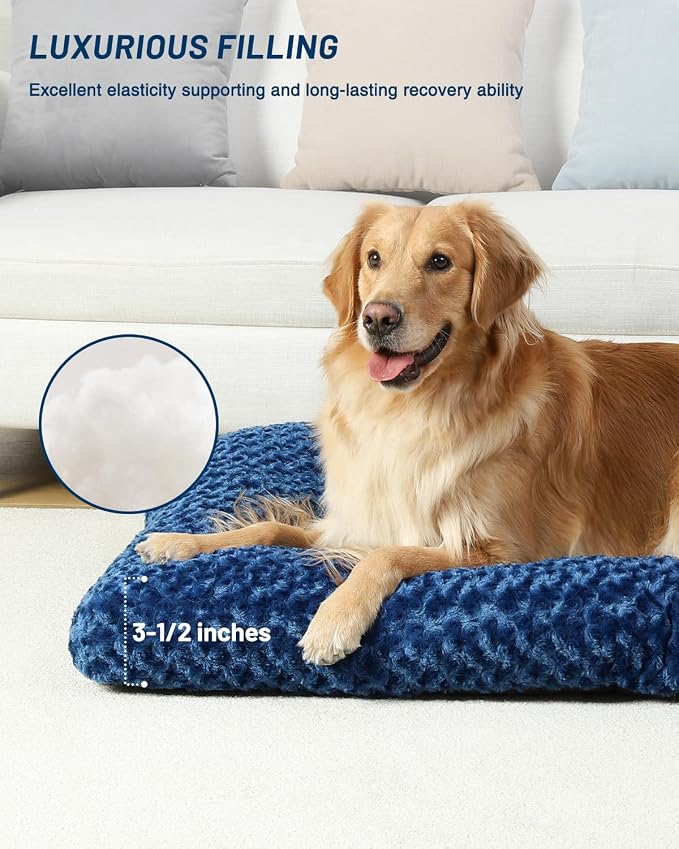 KSIIA Washable Dog Bed Comfy Dog Crate Pad Deluxe Plush Pet Bed Non-Slip Kennel Pad for Large Dogs, 35" x 23", Blue - Image 3