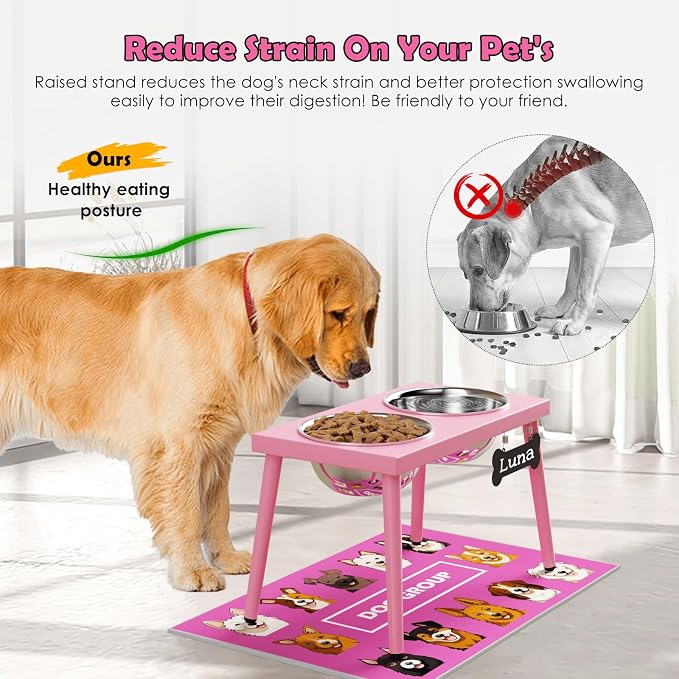 ADENGL Raised Dog Bowl Stand for Large Medium Dogs, Elevated Dog Bowls with Sprill Proof Mat &Two 58OZ Stainless Steel Bowls,Pink - Image 2