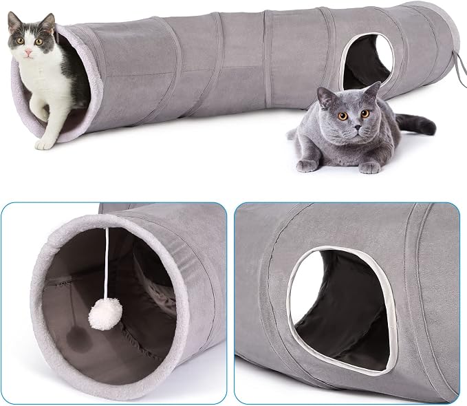 Ownpets S-Shape Cat Tunnel Toy 48"L x 10"D, for Cats, Puppies & Small Pets | Collapsible for storage, tear-resistant oxford fabric, connects to other tunnel, with peek hole, feather wand, indoor/outdoor - Image 5