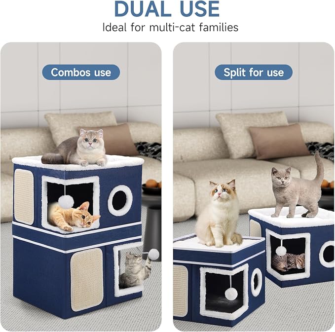 Shikha 2 Story Cat House beds for Indoor Cats with Scratch Pads Blue | 2 in 1 Dual Use Double Cat Bed Cave for Multiple Pets Kitten, Elevated Perch for a Wide View, All Season Reversible Cushion - Image 2
