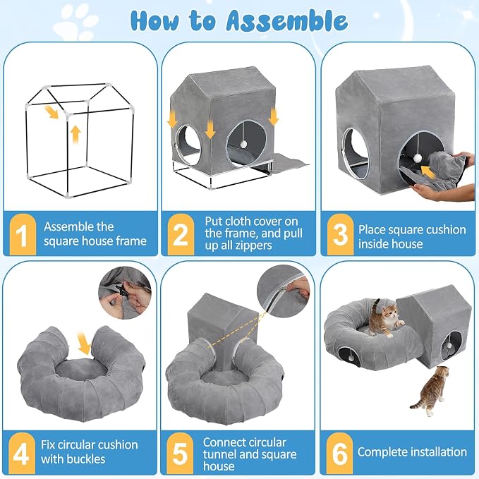 Pawaboo Cat Tunnel Bed for Indoor Cats, Cute Cat Donut Tunnel with Square House, Peekaboo Pet Cave Play Tunnels with Cave for Kitten/Rabbit, Dark Gray - Image 7
