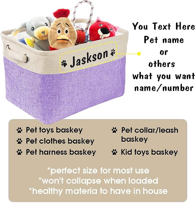 PET ARTIST Collapsible Dog Toy Storage Basket Bin with Personalized Pet's Name - Rectangular Storage Box Chest Organizer for Toys, Coats, Clothing & Accessories, Purple - Image 3