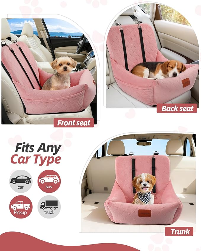 WOOAIDAGG Dog Car Seat for Small Dogs Up to 25lbs,Soft Washable Fabric Fill in Memory Foam,Easy to Assemble with 2 Clip-On Safety Leashes and Storage Pockets,Front or Back Seat are Both OK (Pink) - Image 4