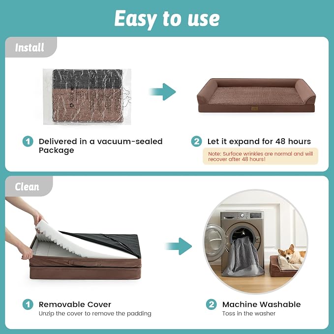 COZY KISS Orthopedic Dog Bed for Medium Size Dogs, Bolster Pet Couch with Waterproof Lining, Egg Crate Foam Sofa for Pets Up to 30 lbs, U-Shaped, 30x20x6.5 inch, Brown - Image 7