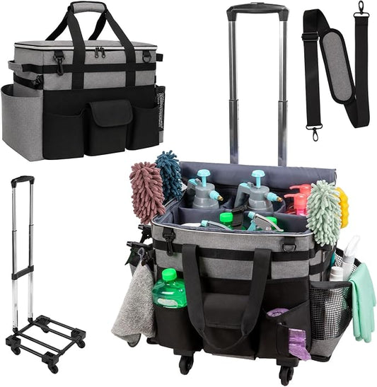 Large Rolling Cleaning Caddy with Wheels, Cleaning Supplies Organizer with Detachable Trolley, Water-resistant Cleaner Cart for Housekeepers, Multi Pocket Cleaning Cart with Strap, Gray by wigojoy