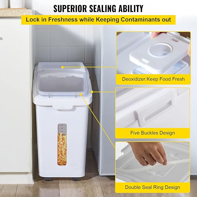 VEVOR Ingredient Storage Bin, 11.4 Gallon Capacity Shelf Ingredient Bin, 280 Cup Flour Bins on Wheels Commercial Prosave Shelf-storage Ingredient Bin with Lid and Scoop Rice Bin for Kitchen White - Image 6