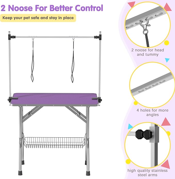 Lyromix 42'' Stainless Steel Pet Dog Grooming Table, Arm/Noose/Tray, Purple | Foldable Dog Grooming Table for Dogs at Home, Adjustable Height Arm, Non-Slip Waterproof Tabletop, Capacity 330Lb - Image 3
