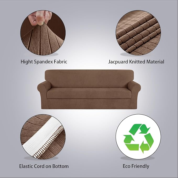 Oversized Sofa Cover Stretching Skid Resistance Couch Cover for Pets Washable, Thick and Durable Soft High Spandex Striped Pattern Sofa Covers (Oversized Sofa, Brown) - Image 2