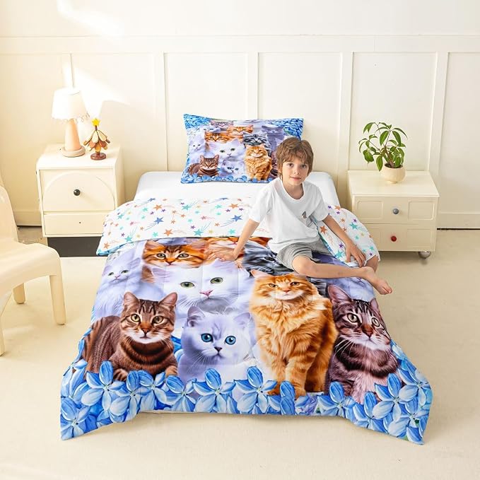 Feelyou Kids Cute Cat Comforter Cartoon Pet Cats Bedding Set for Children Boys Girls Cute Kitten Print Comforter Set Cat Lover's Animal Themed Design Quilt Set Bedroom Collection 2Pcs Twin Size - Image 7