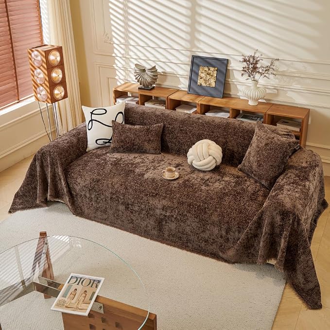 XXL Brown Couch Cover for Dog Scratch Non Slip Chenille Sofa Cover | Wear & Tear Resistant Furniture Protector for Pets Dogs Cats, Suitable for Chairs, Loveseat, L-Shaped Sofas, Tassels Design - Image 2