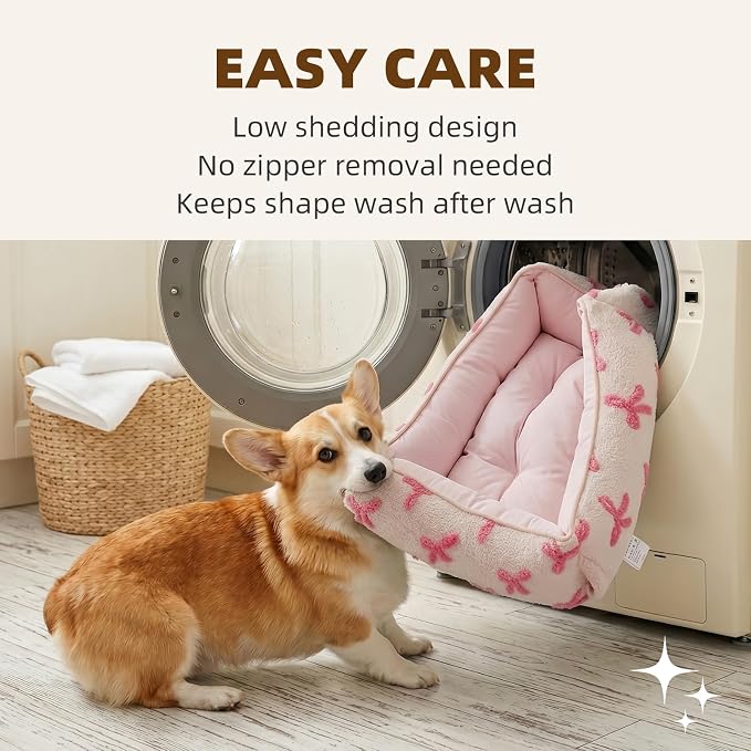 Mora Pets Reversible Pet Beds for Small Dogs Large Cat Bed Washable - Cool & Warm 2-in-1 Anti Anxiety Dog Bed for Summer, Rectangle Puppy Bed with Cute Pink Bow (25''x21''x7'') - Image 5