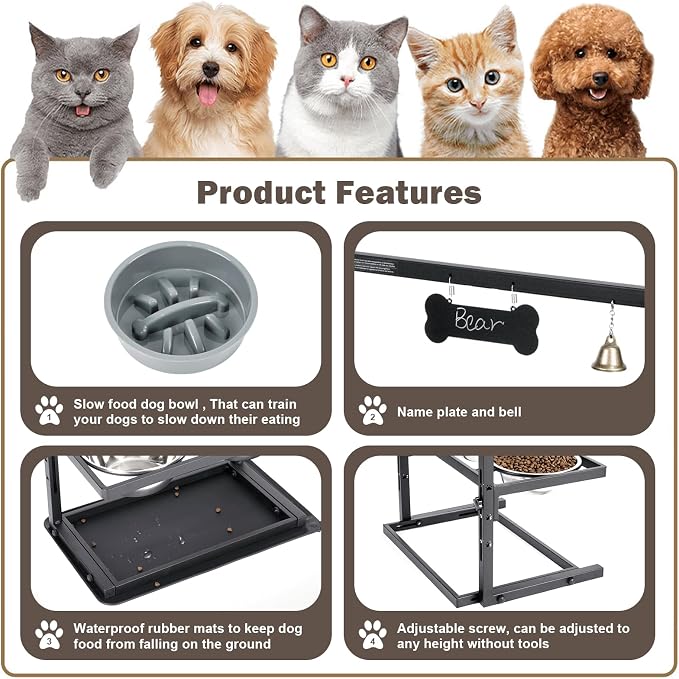 Elevated Dog Bowls with Slow Feeder for Large and Medium Dogs, Adjustable Height Raised Dog Bowl Stand with 2 Stainless Steel Bowls and Spill-Proof Mat, Dog Feeder for Healthy Eating (Grey) - Image 5