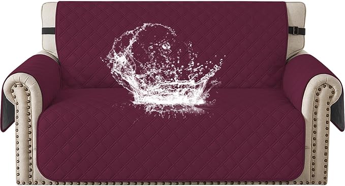 Waterproof Loveseat Covers for 2 Cushion Couch, Sofa Covers for Pets Washable with Side Pockets, Non Slip Couch Covers for Dogs, Dog Couch Cover with Elastic Straps (Loveseat, Burgundy) by CYCMACOHOME