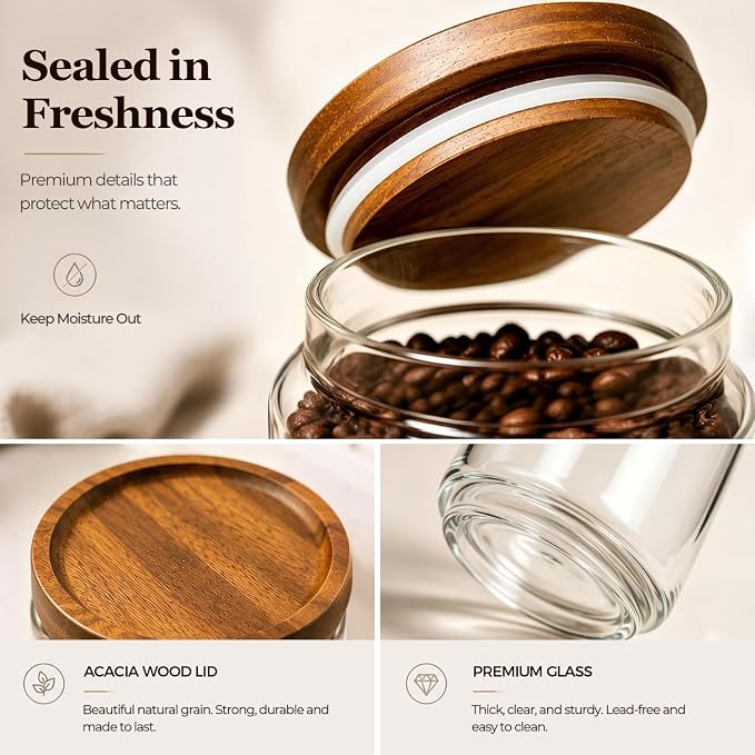 ComSaf Glass Jar with Acacia Wood Lid 34oz 1Pack, Food Storage Container | 1.1Qt Canister, Oats Coffee Sugar Pasta Candy Cookies Nut, Kitchen Pantry, Decorative, Countertop Display, Food-Grade, Label - Image 5