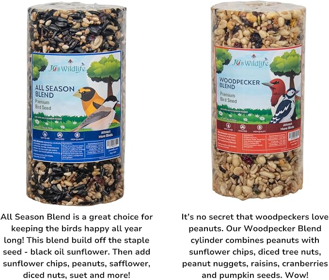 JCs Wildlife Bird Seed Cylinder with Hole Variety Pack, Premium Blends Wild Bird Food for Outside Feeders, Cardinals Woodpeckers Finches Bluebirds Chickadees, Made in the USA, Small, 6 Pack - Image 4
