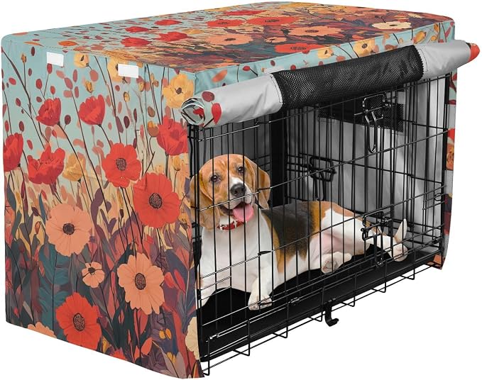 Dog Crate Cover Kennel Cover for Dog Cages Breathable for Wire Cage Indoor Outdoor Autumn Poppy Flowers - Image 2