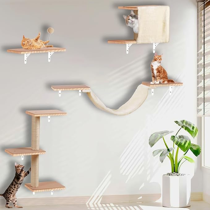 Cat Shelves for Wall，Solid Wood Cat Wall Furniture with Scratching Post,Hammock,Jumping Boards,Steps,Condo and Felt Pads, Suit for Cats Climb, Jump, Nap, Scratch-Beige by MADNIU