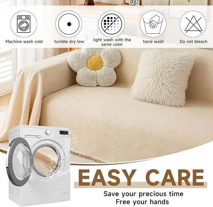 ROOMLIFE Boho Beige Couch Cover for Dogs, Washable Non Slip Furniture Protector Couch Sofa Covers for 3 Cushion Couch, Soft Breathable Sofa Slipcovers Couch Cover Throw Blanket with Tassels71''X150'' - Image 5