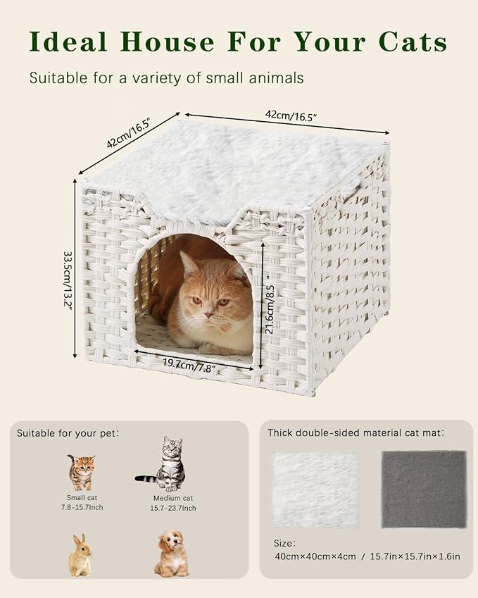 SETVSON Cat Beds Indoor Kitten House, Handwoven Rattan Cave, White | 2-in-1 Kitty Condo with Top Perch & Bottom Cave, Furry Canvas Dual Cushion, 2 S-Hooks, Steel Frame, 16.5x16.5x13.2 In - Image 6