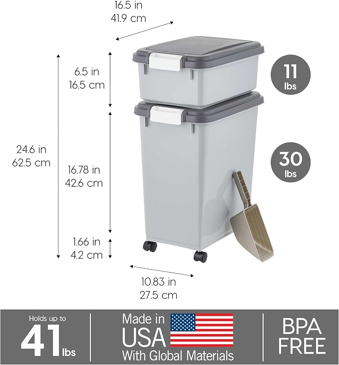 IRIS USA Dog Food Storage Container, 30 lbs & 11 lbs Combo, Cat Food Storage Container, Dog Treat Container, Airtight, Stackable, 2-Cup Scoop, Wheels, Easy Mobility, Gray - Image 3