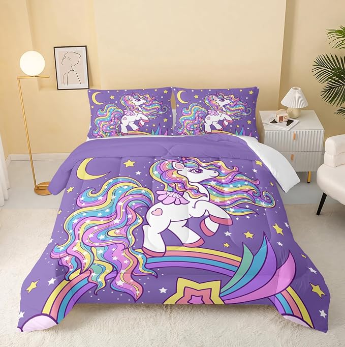 QOOMO Unicorn Comforter Full Size,Rainbow Unicorn Comforter Set for Kids Teens Girls,3Pcs Bedding Set Printed Comforter with 2 Pillowcases,Down Alternative,Soft and Lightweight，Full Size by QOOMOHOME