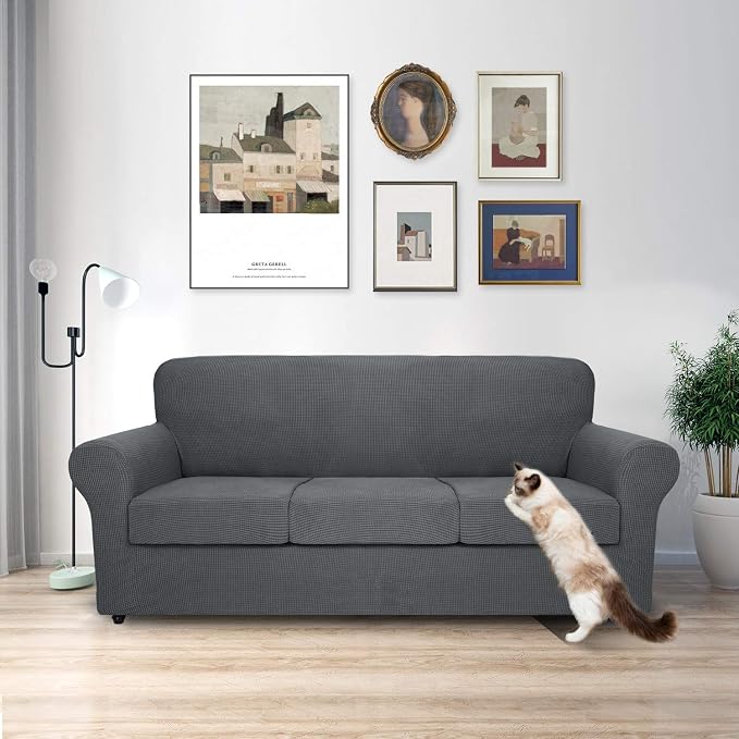 MAXIJIN 4 Piece Couch Covers for 3 Cushion Couch Super Stretch Sofa Cover for Dogs Pet Proof Fitted Furniture Protector Spandex Jacquard Non Slip Magic Couch Slipcover Washable (Extra Large, Gray) - Image 2