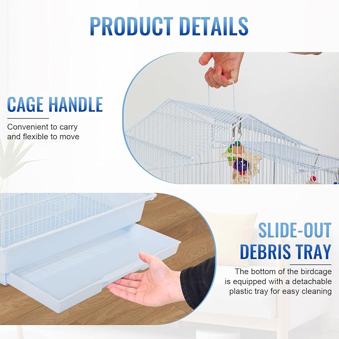 FDW 39 Inch Bird Cage Parakeet Cage with Play Top Rolling Stand & Easy Clean Pull-Out Tray Roof Top Parrot Cage for for Finches Canaries Parakeets Cockatiels & Other Small Birds, White - Image 4